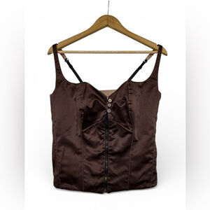 Y2K Brown Satin Boned Corset Bustier Zip Front Top
